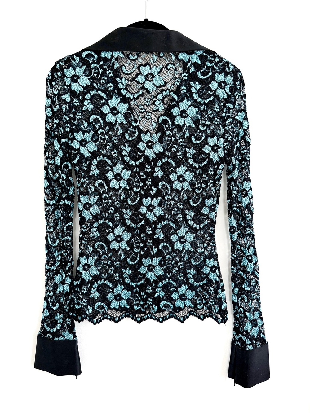 Caché Lacy Double Zip Blouse
| Black & Aqua Floral Lace Shirt | Vintage Y2K 90s - Picture 5 of 10